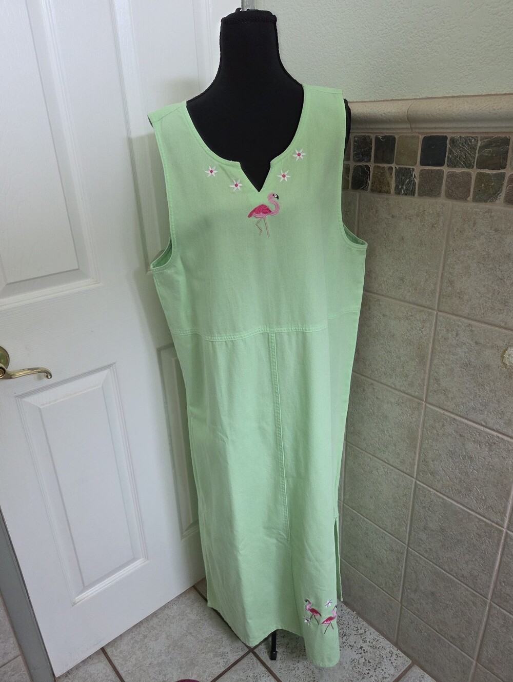 Light Green Sleeveless Maxi Dress W/ Pink Flamingo Embroidery Resortwear Vacay L